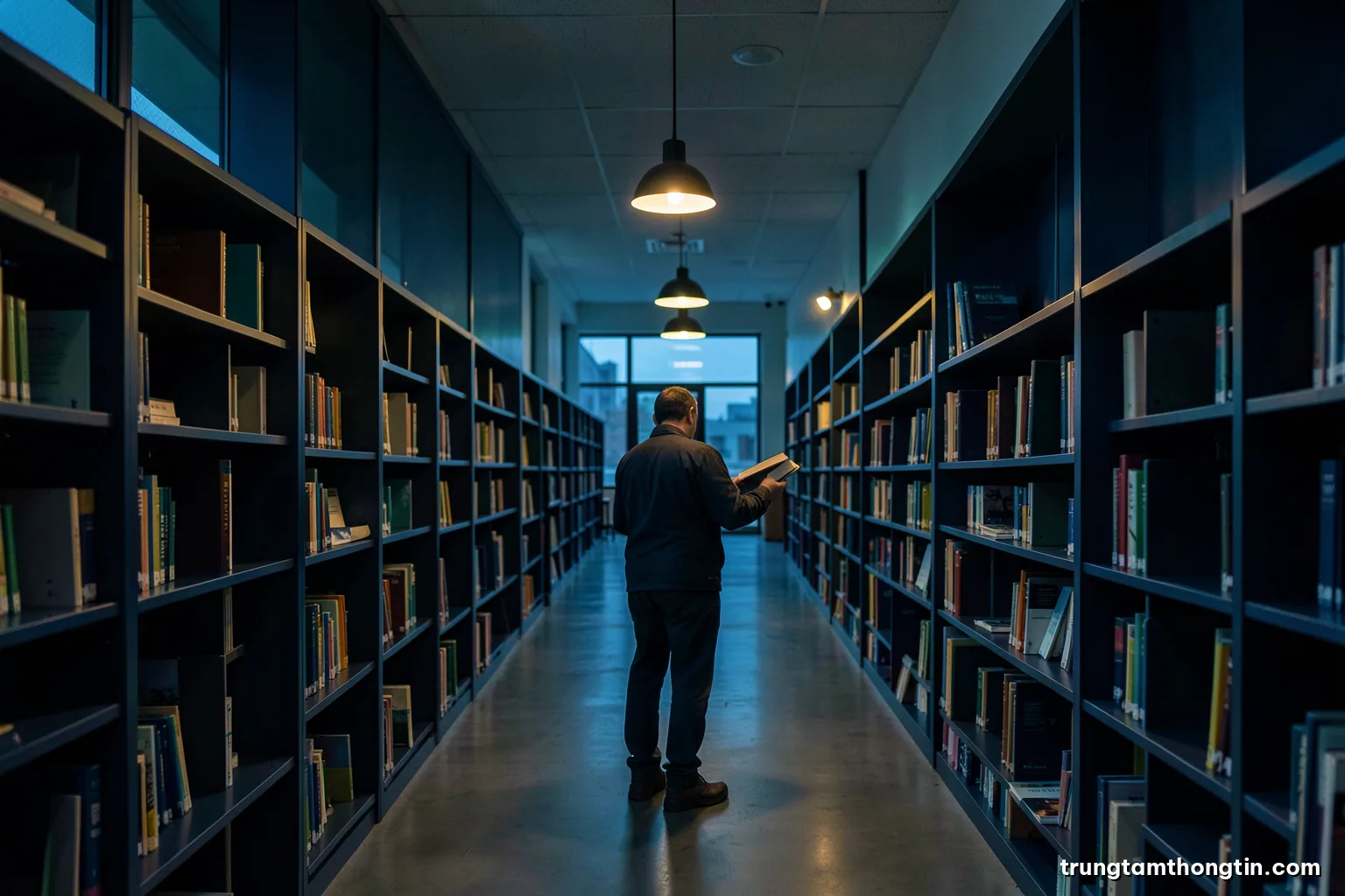 Wide shot of a quiet modern library at dusk, long rows of shelves receding, a lone figure seen from behind pulling a volume, warm pendant lights and teal shadows
