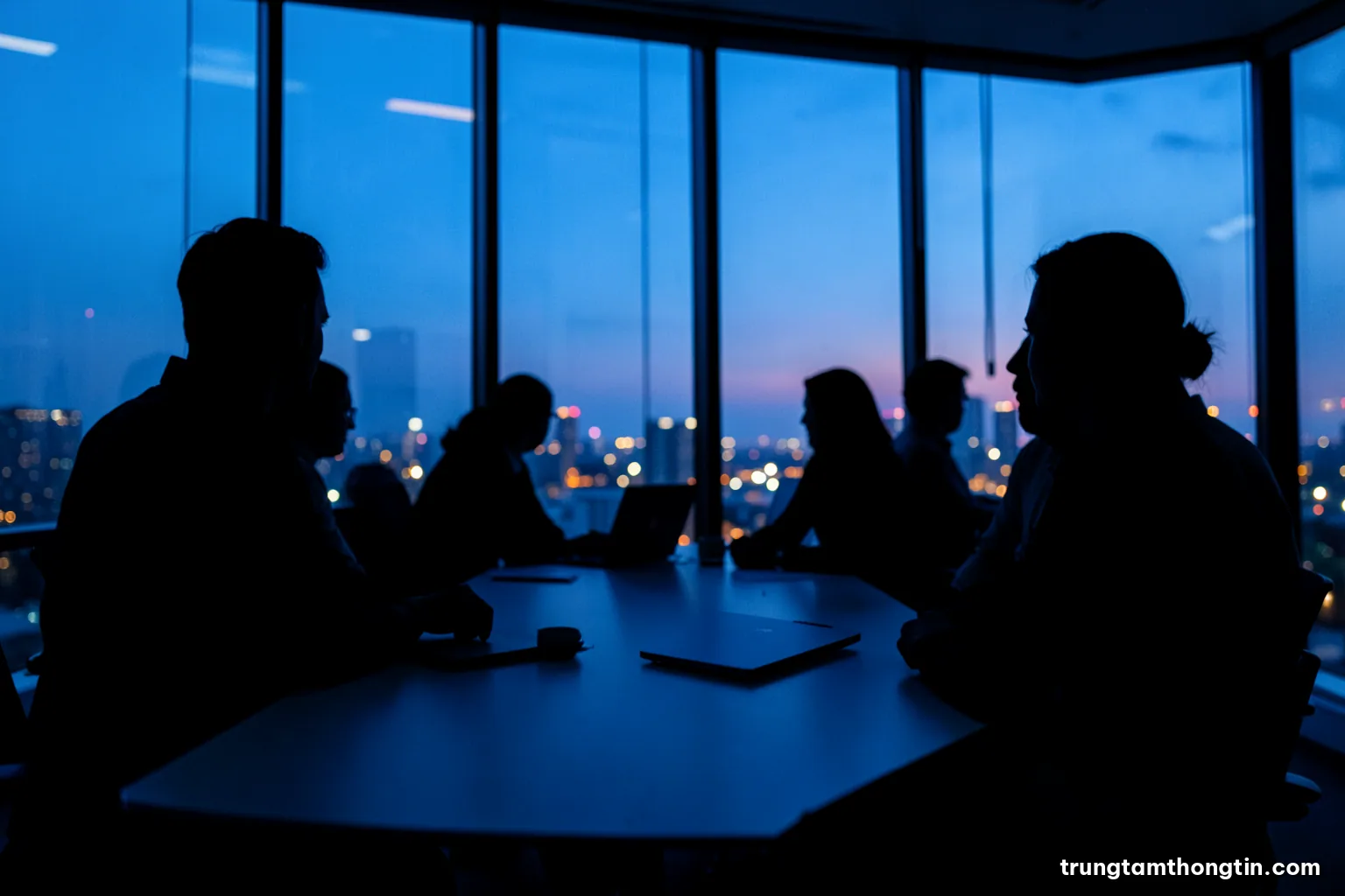 Silhouetted team of office workers in a glass-walled meeting room at dusk, city lights below, a closed laptop on the table, cool steel blue with a single warm accent