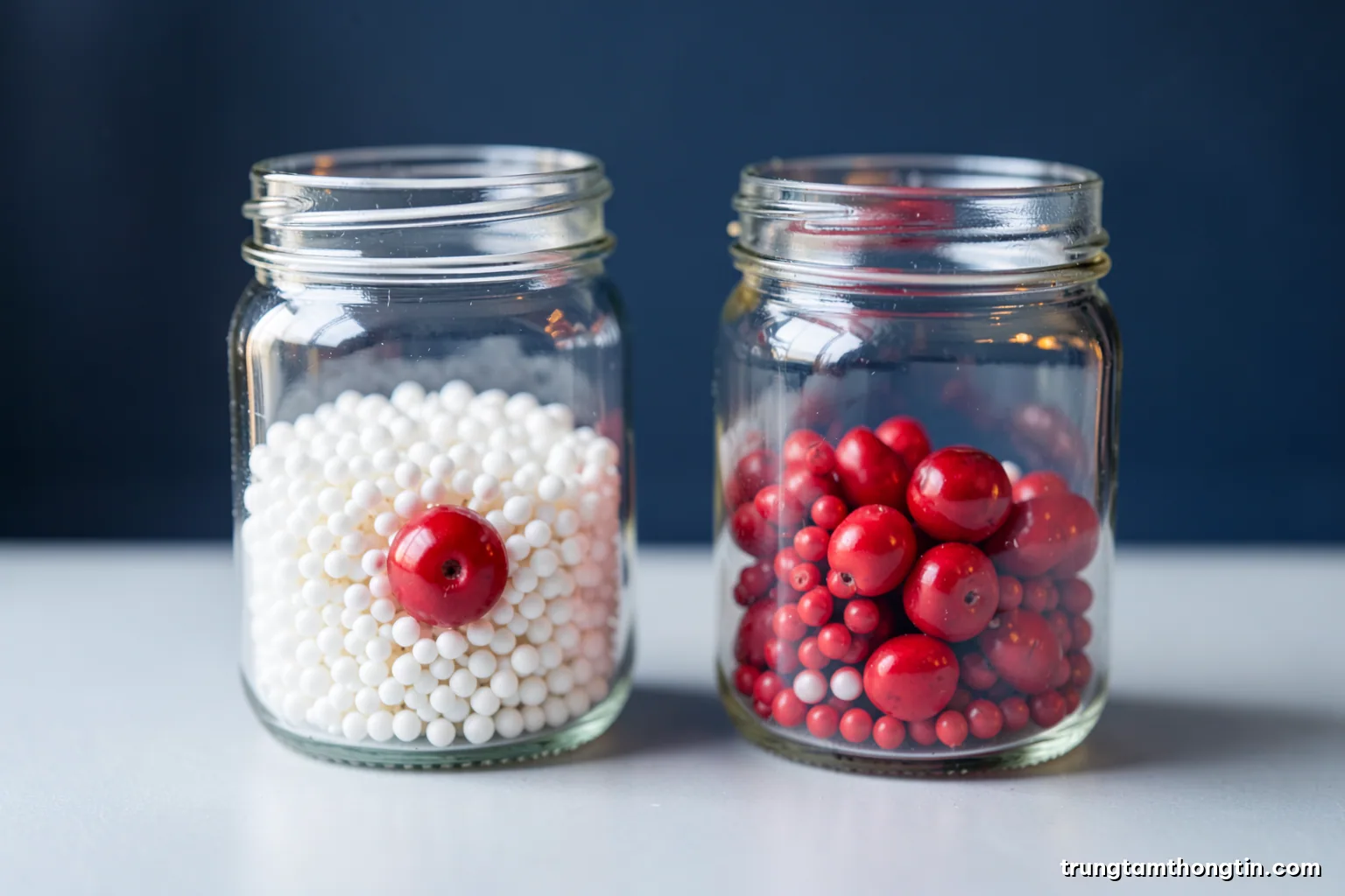 Close-up of two clear glass jars filled with white beads, one jar holding a single red bead and the other two red beads, on a pale grey table, clinical soft light