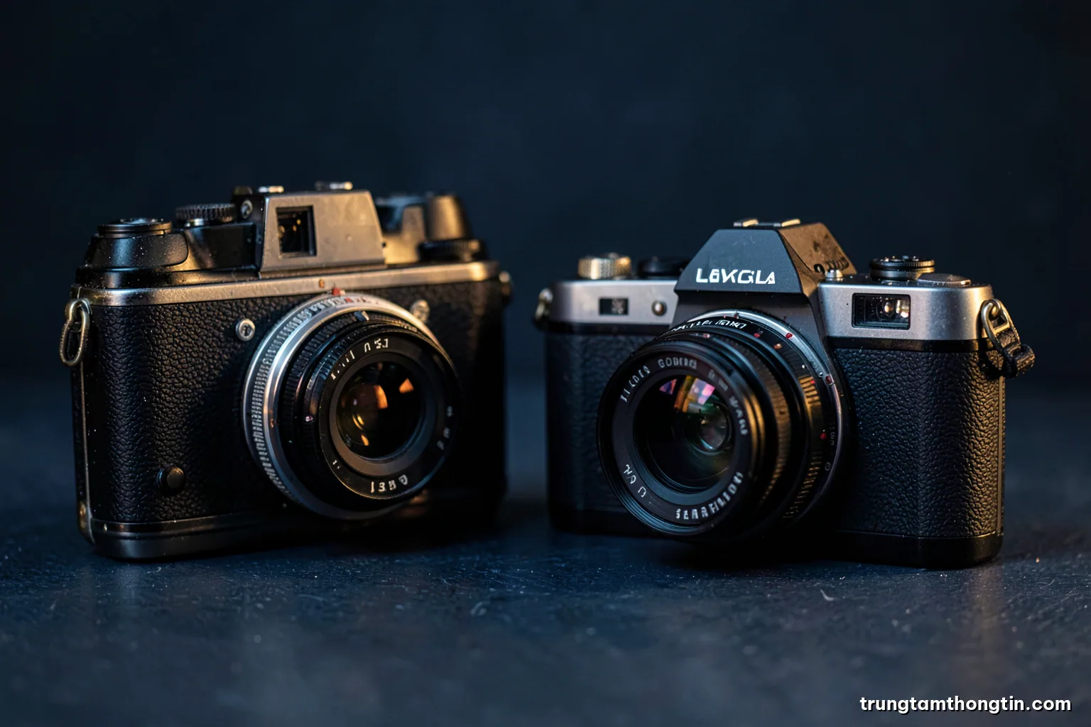 Close-up of a vintage film camera and a modern mirrorless camera side by side on a dark slate surface, dramatic side lighting, deep charcoal and brass tones