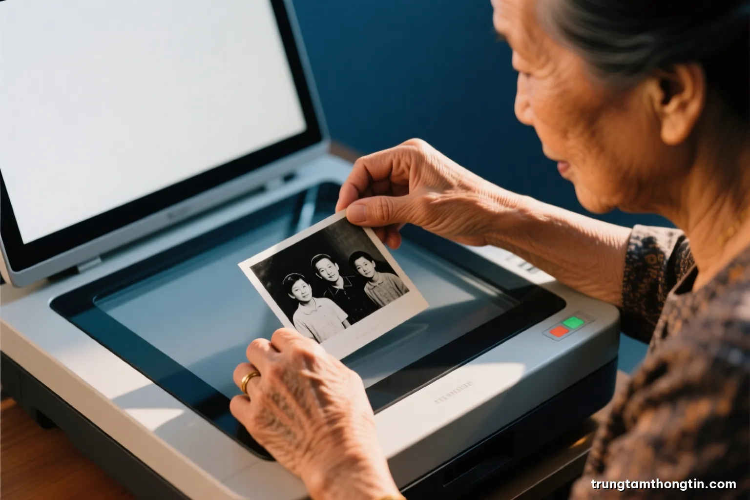Close-up of an older Vietnamese woman’s hands placing a faded black and white family photograph onto a flatbed scanner glass, warm afternoon light, sepia palette