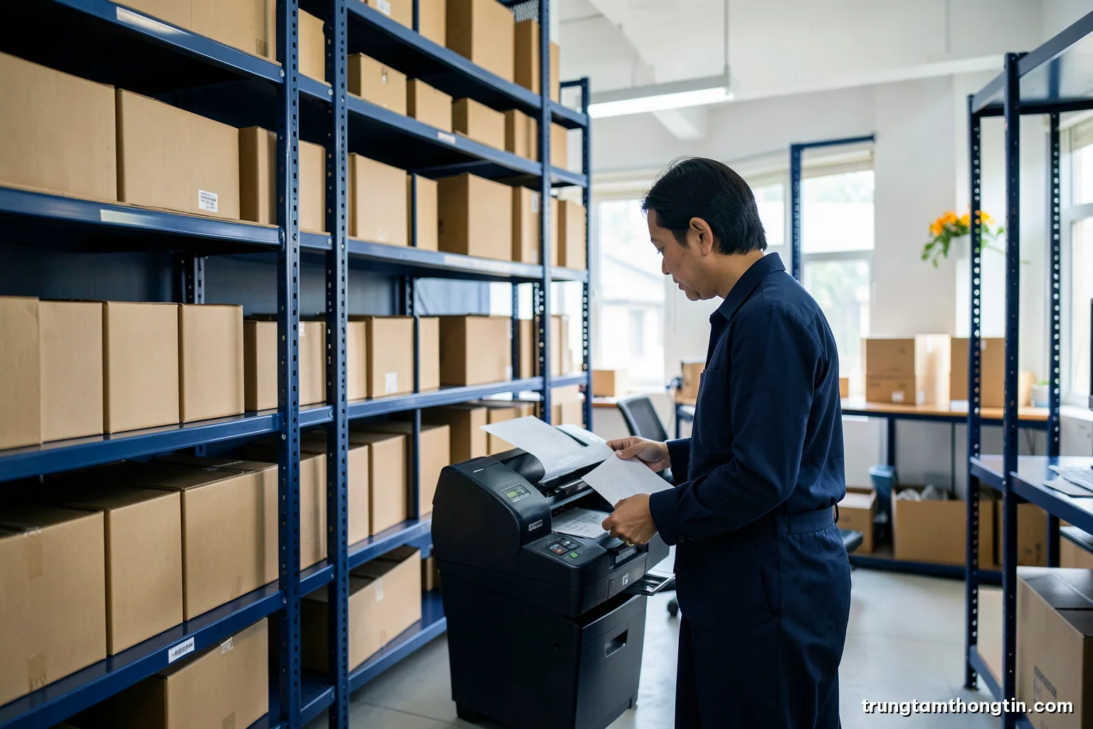 Wide shot of an office archive room in Vietnam with tall metal shelves of plain cardboard boxes and a staff member feeding paper into a sheet-fed scanner, neutral daylight