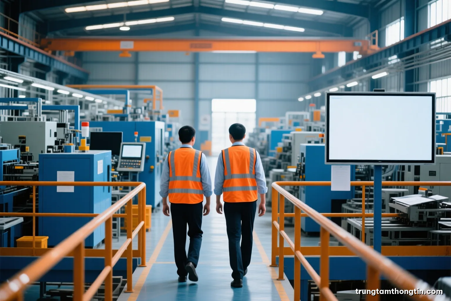 Wide shot of a bright Vietnamese factory floor seen from a mezzanine, two managers in safety vests walking between machines, faces turned away, soft industrial light, steel blue and amber palette