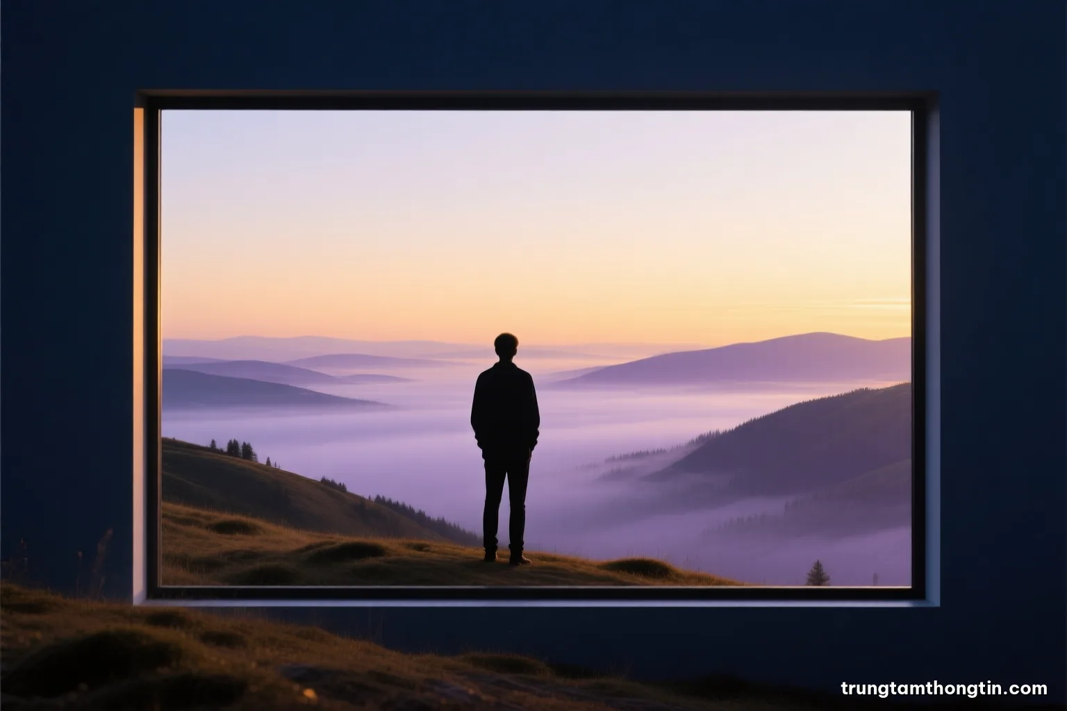 Silhouette of a person standing before a large empty window frame on a hillside at dawn, valley mist beyond, frame isolating one part of the landscape, soft lavender and gold