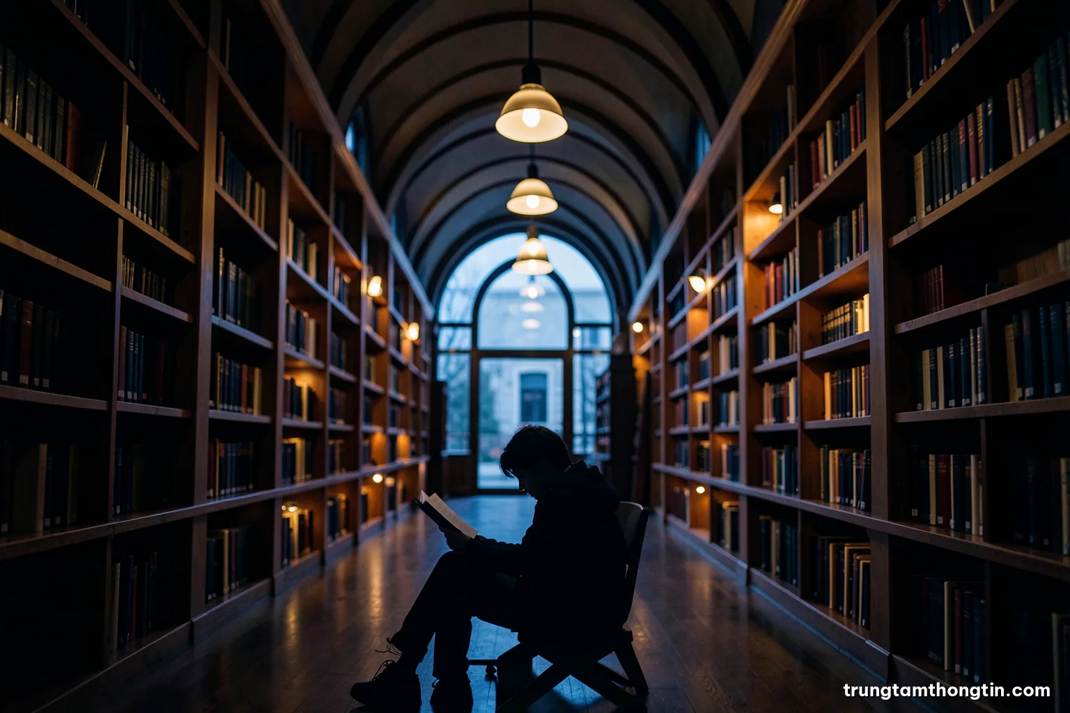 Silhouette of a young reader seated in a tall arched library hall at dusk, rows of wooden shelves glowing under warm pendant lights, deep brown and gold palette