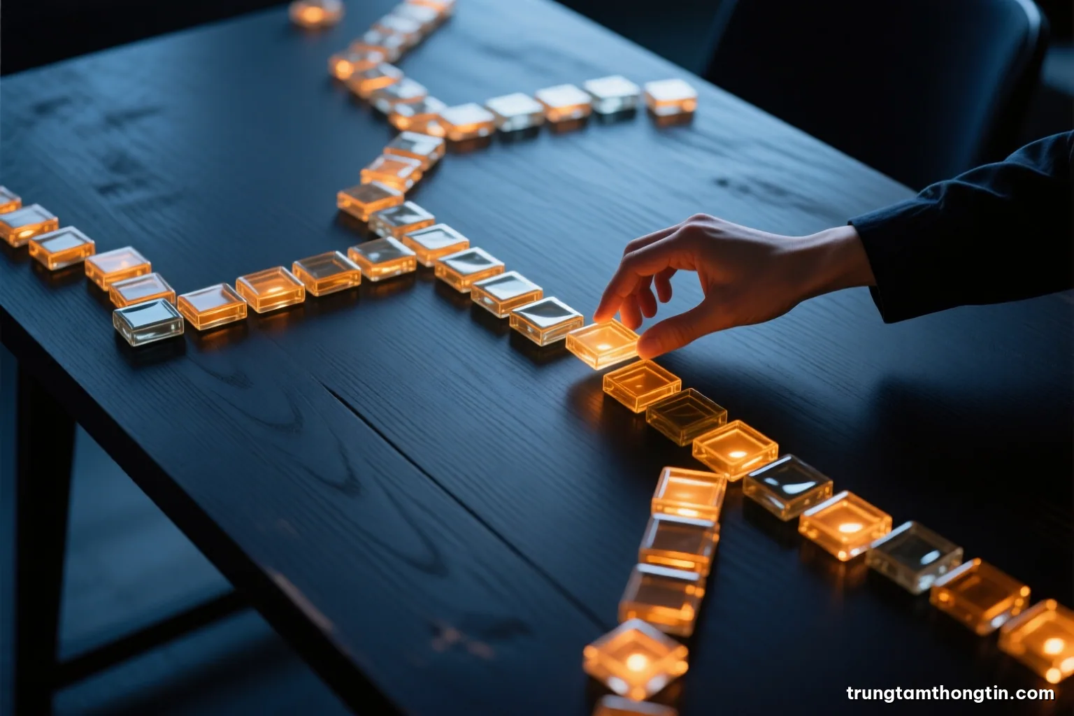 Top-down view of a dark wooden table with dozens of small glowing glass tiles arranged in branching paths, one hand moving a tile, warm amber light against charcoal