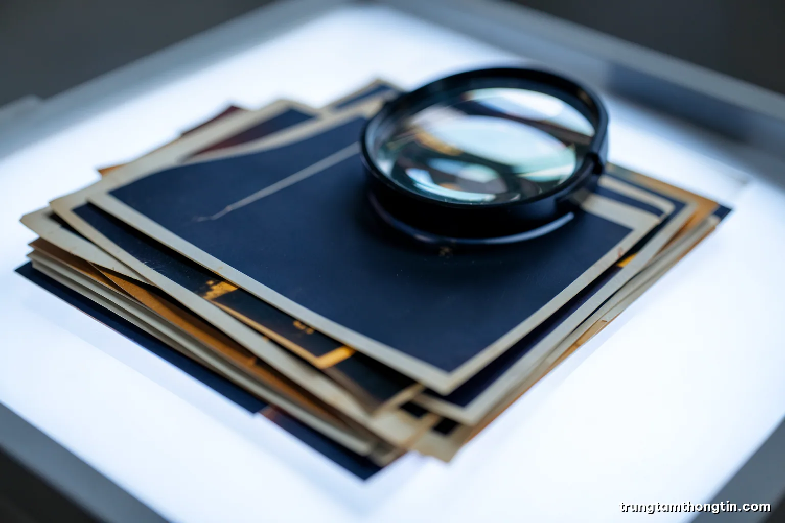 Macro shot of a stack of old photographic prints fanned out on a light table, edges curled, a loupe resting on top, cool white backlight and soft grey tones