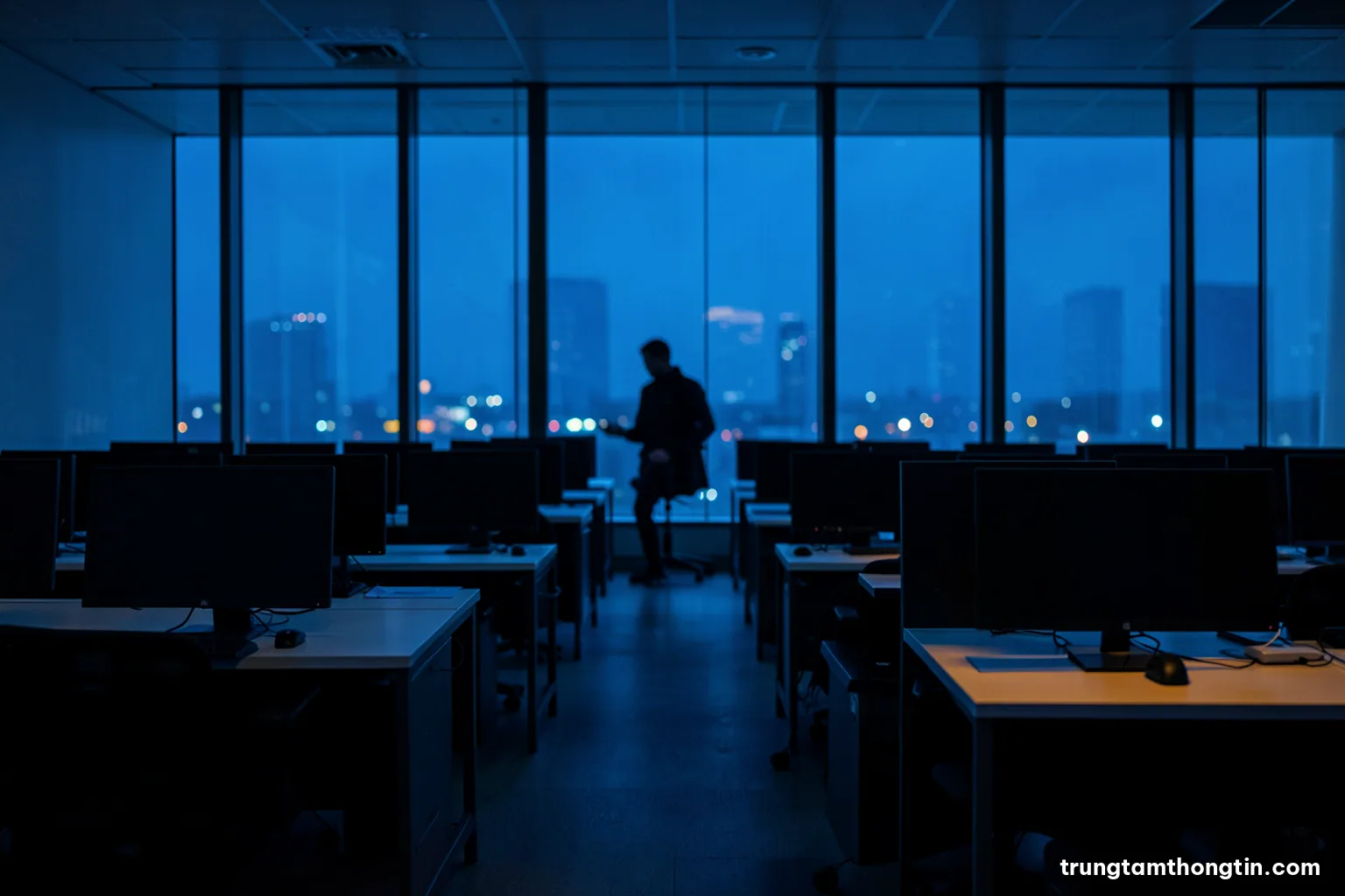 Wide shot of a quiet trading floor at night seen from behind, rows of empty desks with dark blank monitors, a lone figure in silhouette by tall windows, cool blue tones