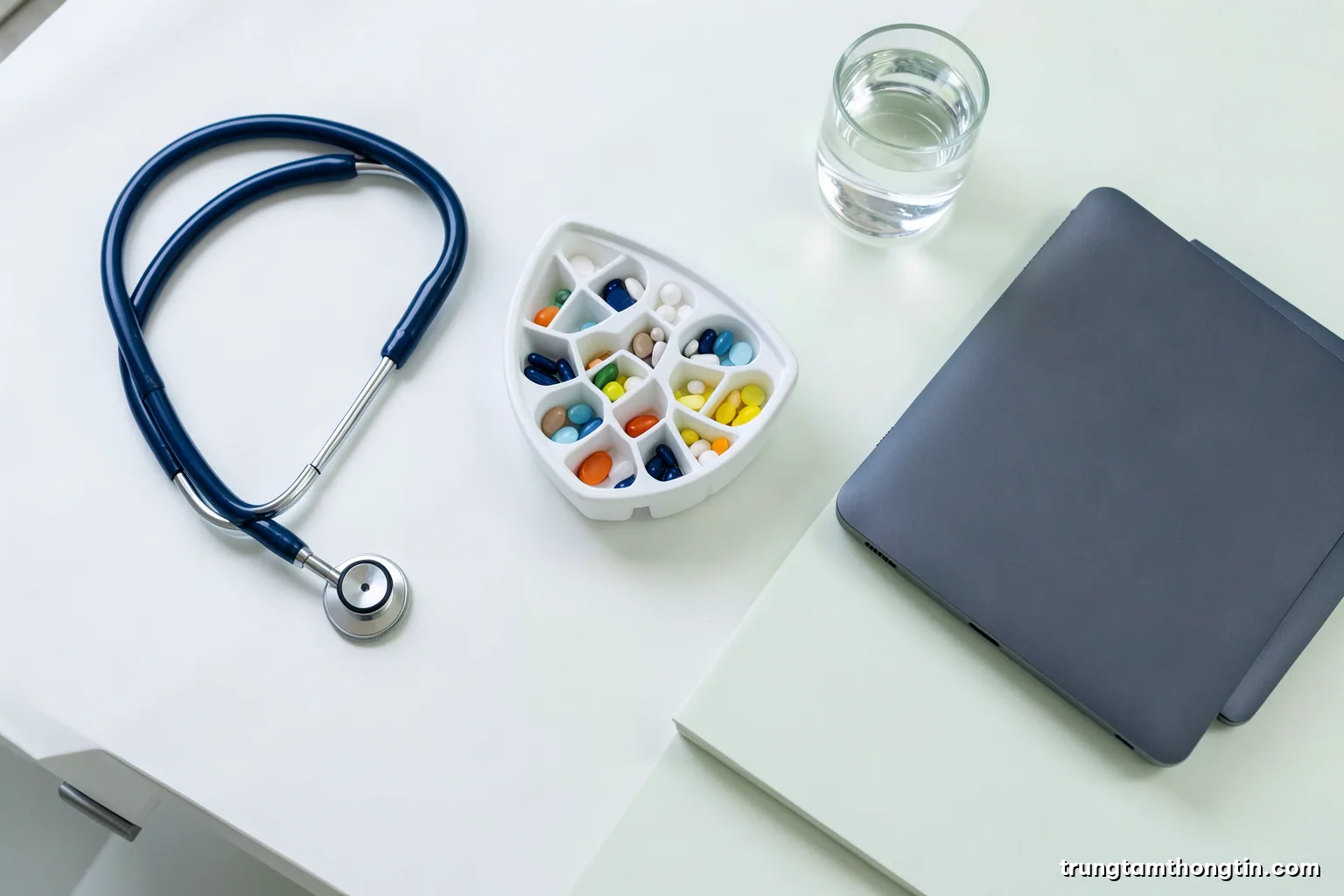 Top-down view of a clinic desk with a stethoscope, empty pill organizer and a closed laptop beside a glass of water, clean white and pale green tones, soft daylight