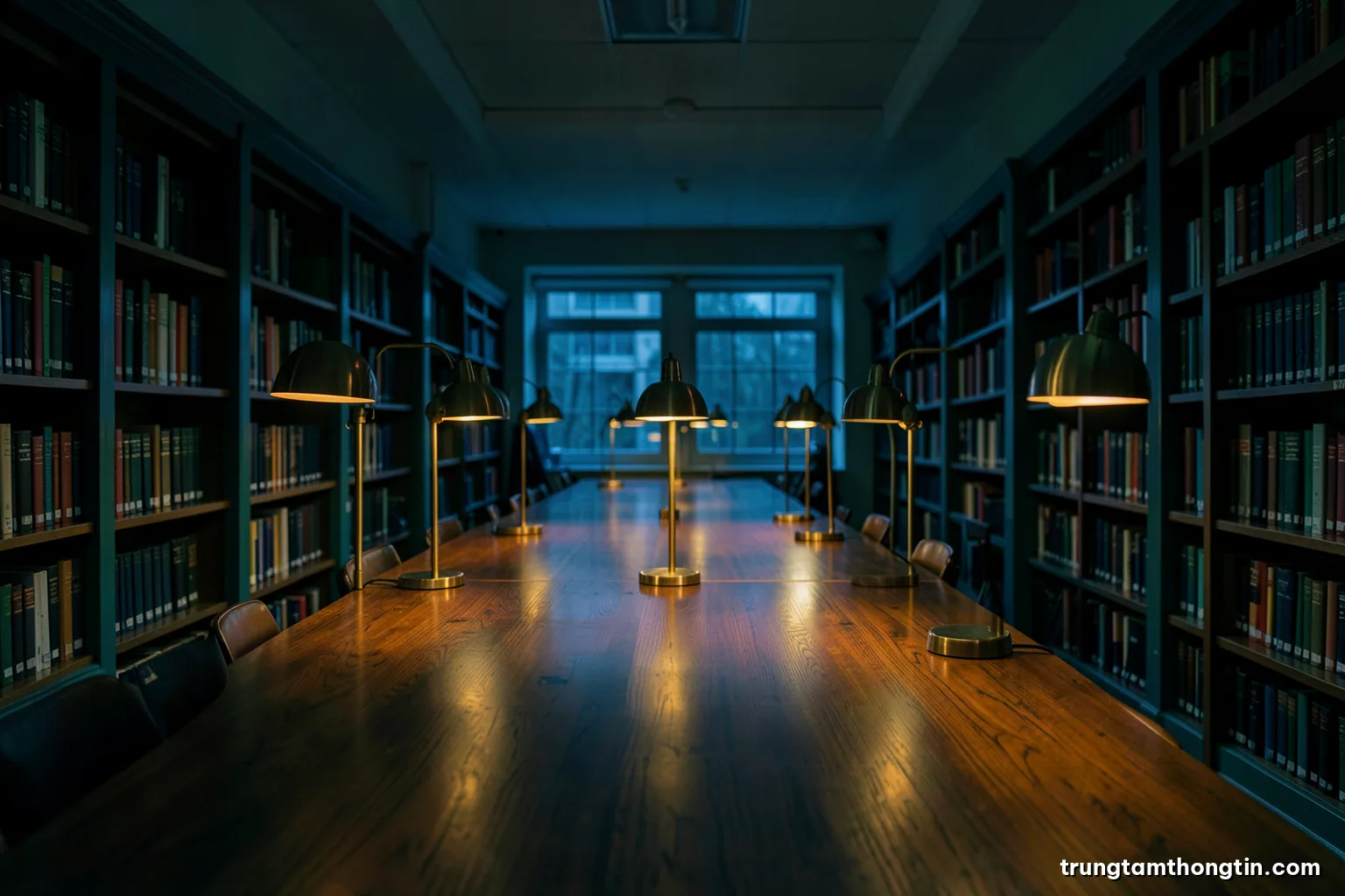 Wide shot of a quiet research library at dusk, long wooden tables with brass lamps glowing, rows of shelves receding into shadow, deep green and amber palette