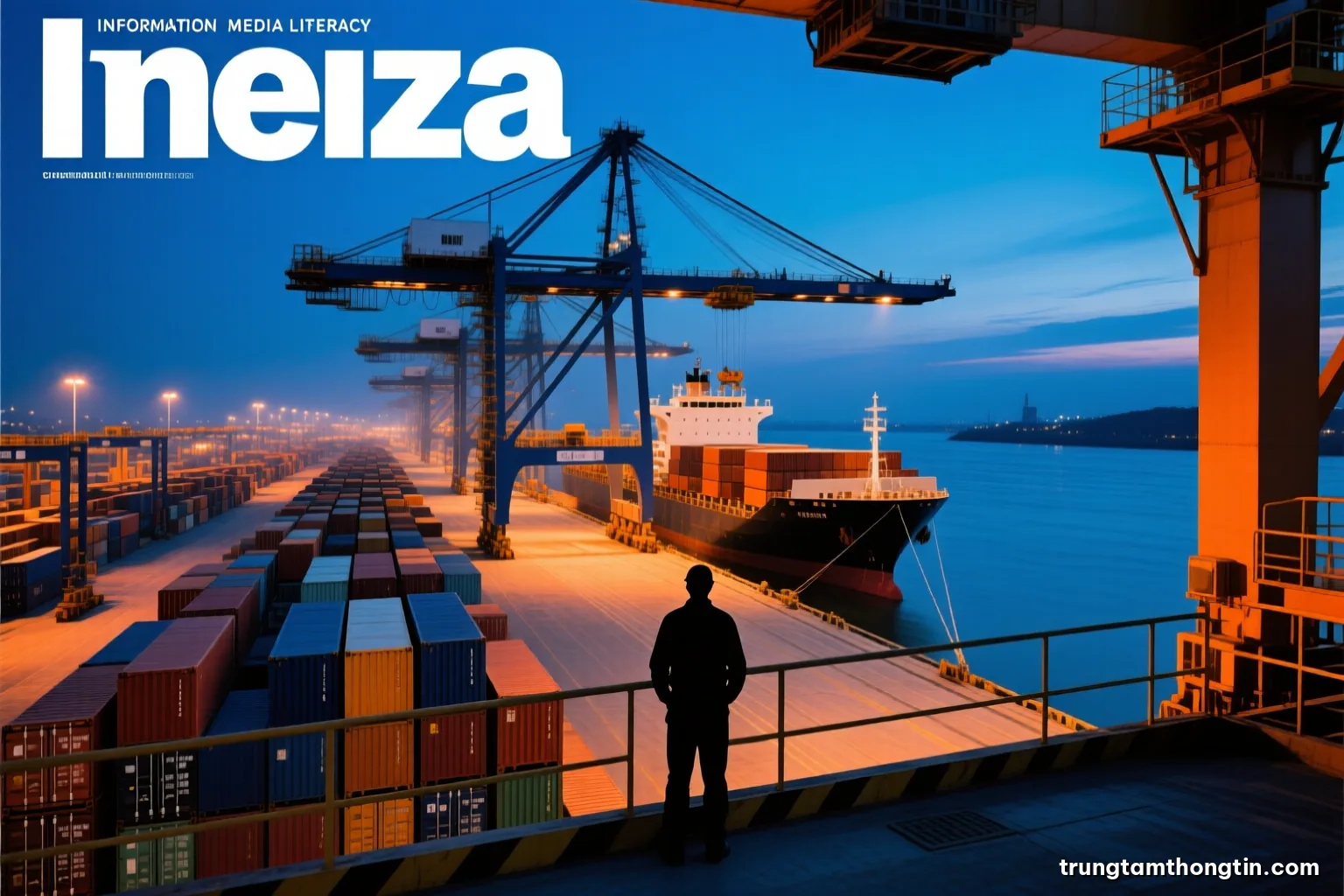 Wide shot of a container port at blue hour seen from a high crane, rows of stacked containers and a cargo ship docking, a lone worker silhouette, cobalt and orange palette