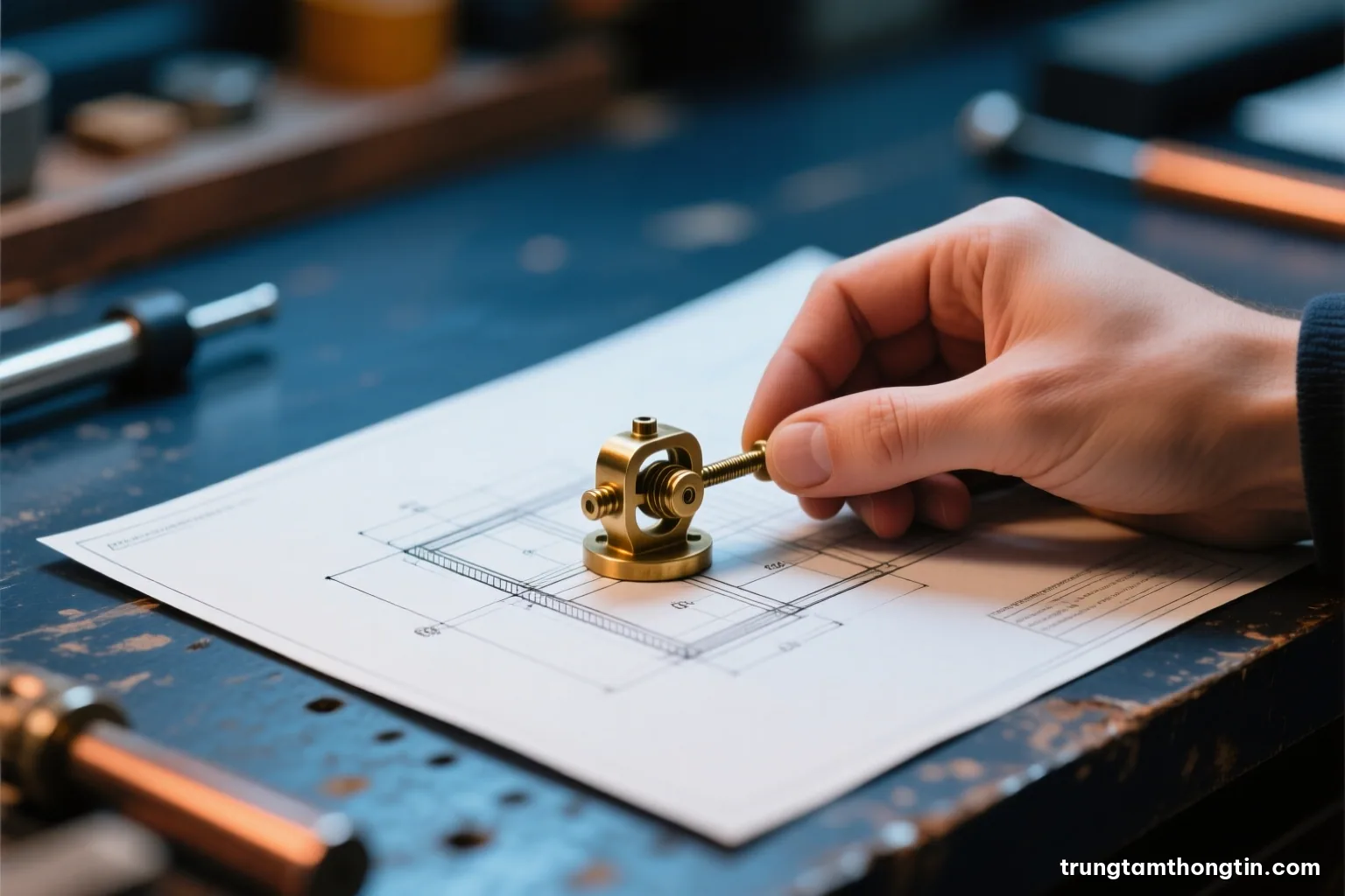 Macro shot of a small brass prototype mechanism and hand-drawn blank engineering sheets on a workbench, shallow depth of field, cool steel blue and copper tones