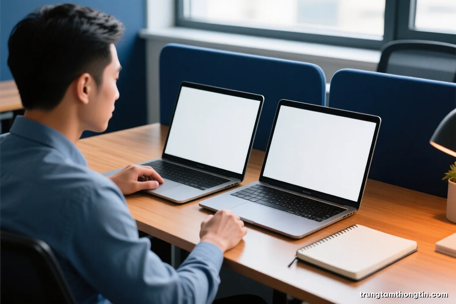 Over-the-shoulder view of a Vietnamese office worker at a tidy desk comparing two blank laptop screens beside a notebook, soft morning window light, navy and warm wood palette