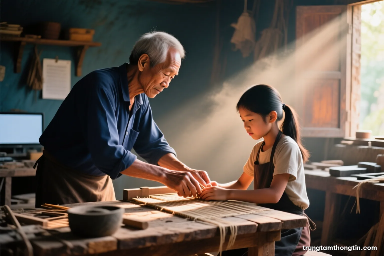 Side view of an older Vietnamese craftsman guiding the hands of a young apprentice at a wooden workbench in a small workshop, warm dusty sunbeams, sepia and rust palette