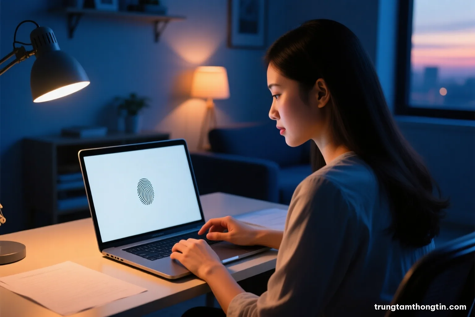 Over-the-shoulder shot of a Vietnamese woman unlocking a laptop with her fingerprint in a quiet home office at dusk, blank dark screen, warm lamp light, navy and amber tones