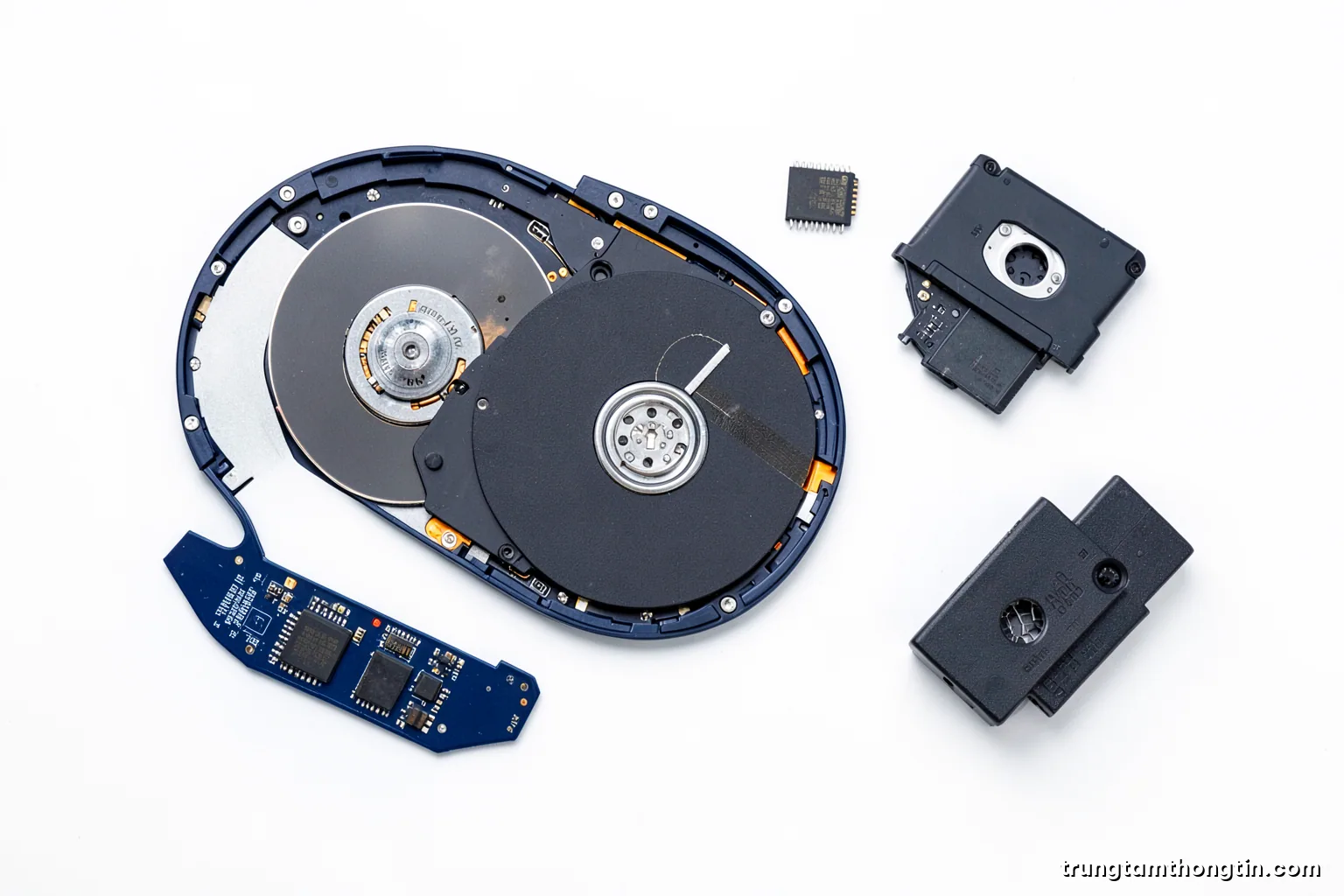 Top-down flat lay of a disassembled hard drive platter, an SSD, memory cards and a tape cartridge arranged on a white surface, crisp studio light, monochrome palette with red accent