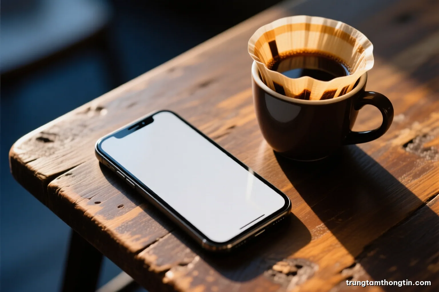 Macro shot of a smartphone lying face down on a weathered wooden table beside a cup of Vietnamese drip coffee, morning side light, deep brown and muted gold palette