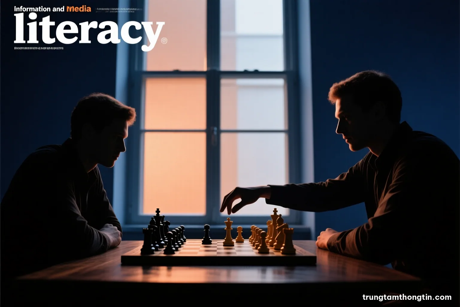 Two chess players seen in silhouette across a board near a tall window, one hand mid-move, dramatic side light, deep navy and warm copper tones, cinematic wide frame