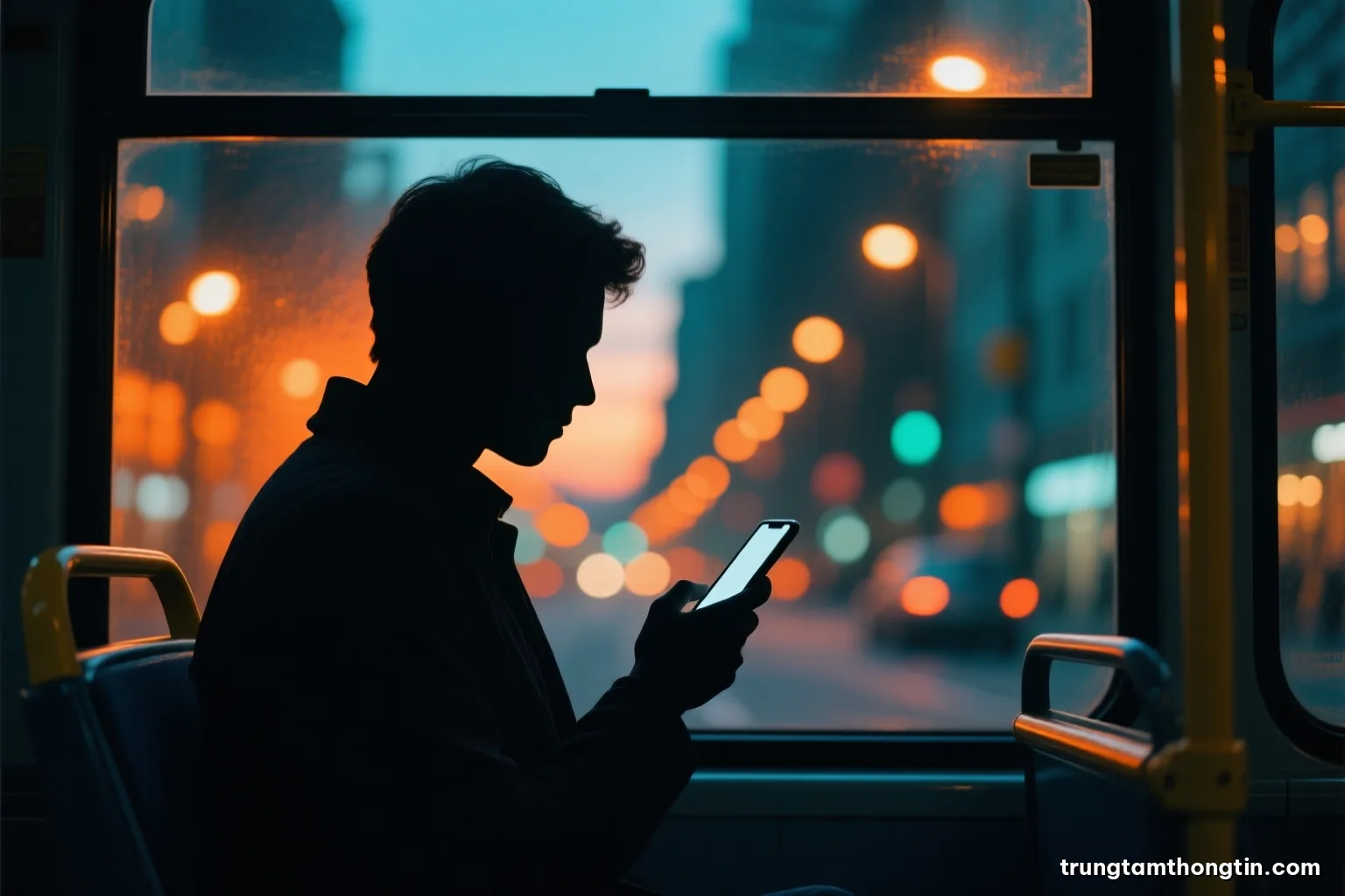 Silhouette of a person on a city bus at dusk holding a smartphone, face hidden in shadow, warm streetlights blurred through the window, deep orange and teal tones