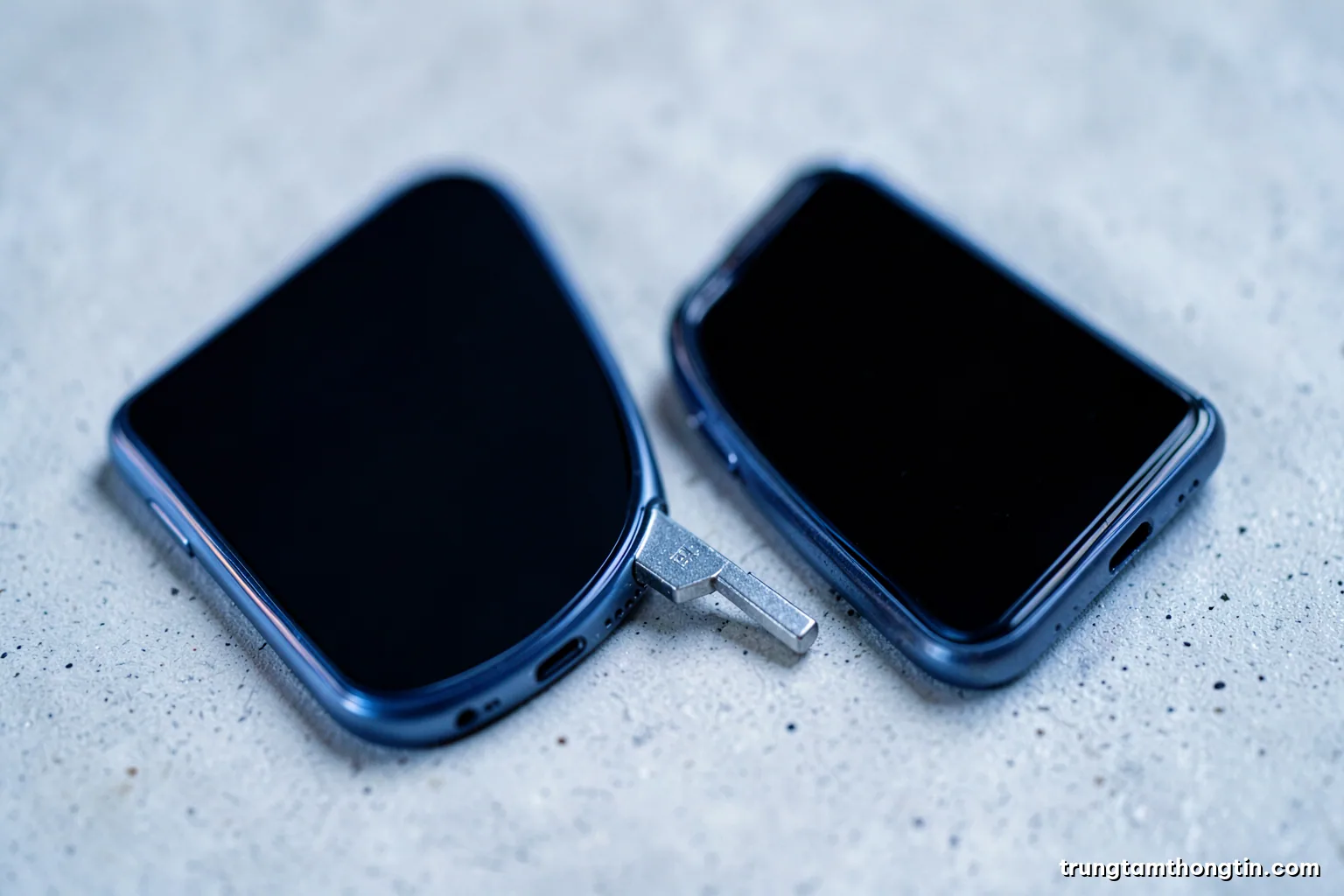 Macro shot of a small hardware security key resting beside a smartphone with a blank black display on a pale concrete surface, cold diffused light, grey and electric blue palette