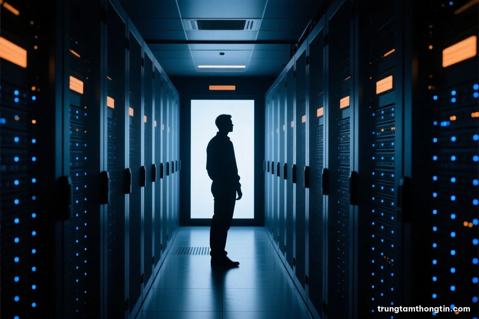 Silhouette of a person standing between long aisles of server racks with tiny blue indicator lights in a dark data hall, wide symmetrical composition, cold cyan palette