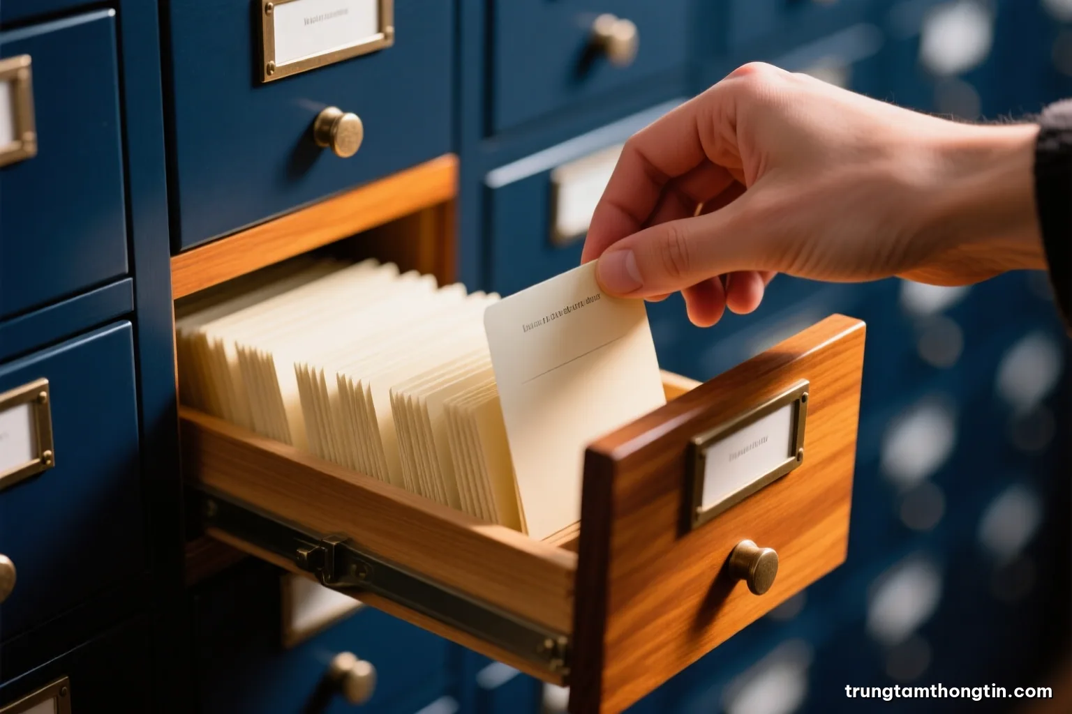 Macro shot of a wooden card catalogue drawer pulled open, rows of blank cream paper slips with a hand lifting one slip, warm tungsten light, honey and walnut tones
